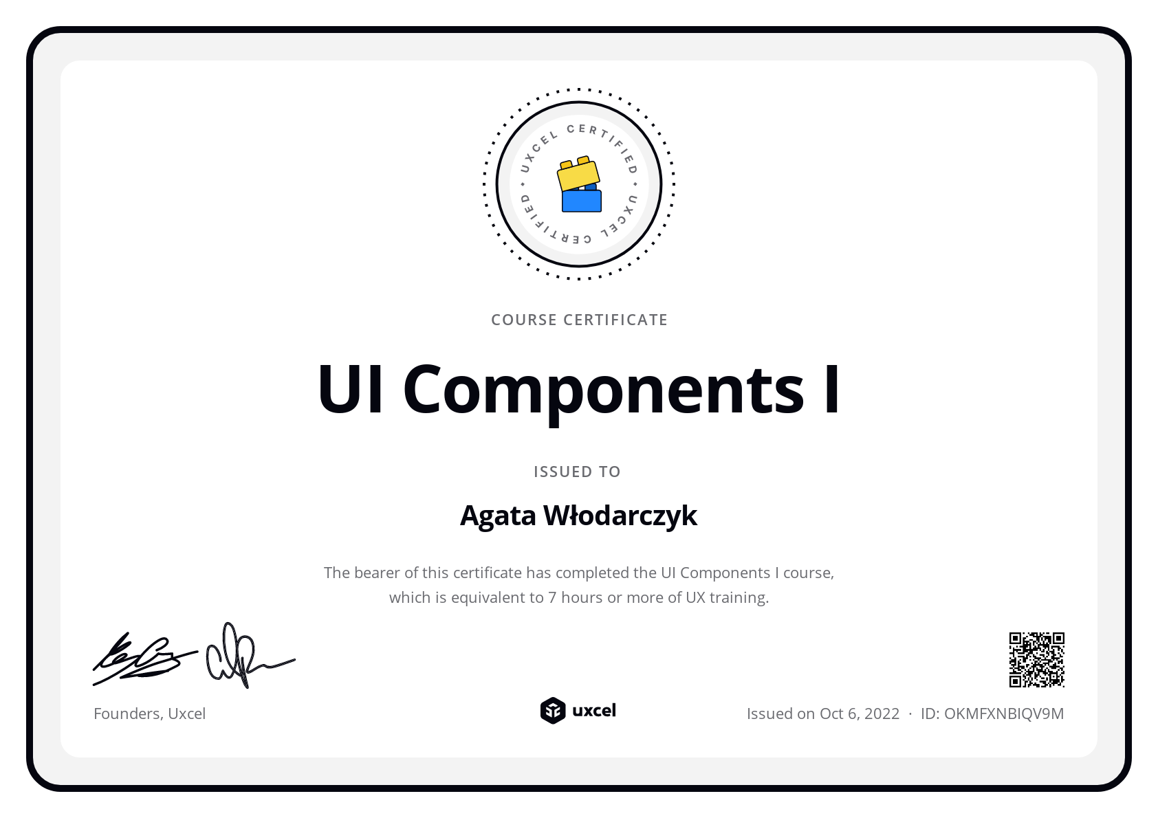Agata Włodarczyk's certificate